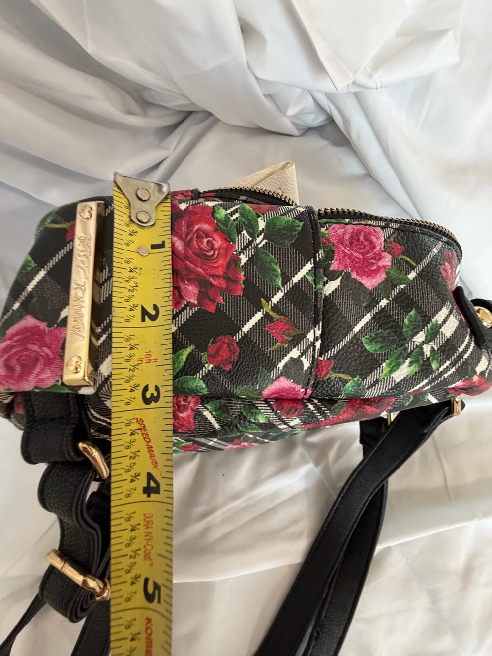 Betsey Johnson Black Plaid Floral Cat Mini Backpack - Picture 12 of 14